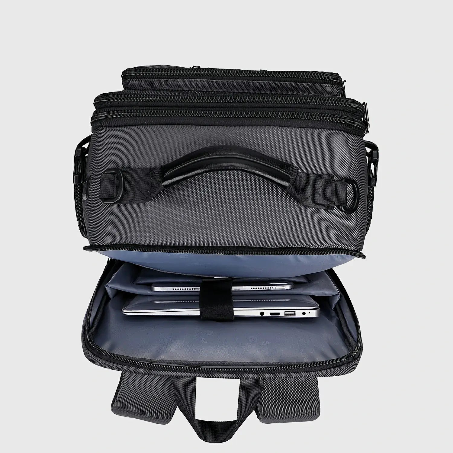 Silver grey travel backpack with front organizer open for documents and daily essentials