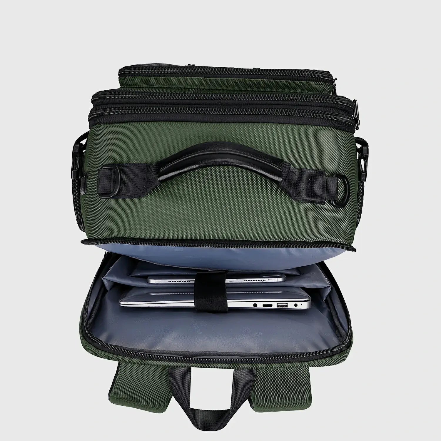 Army green 40L carry on backpack with 180 degree clamshell compartment open