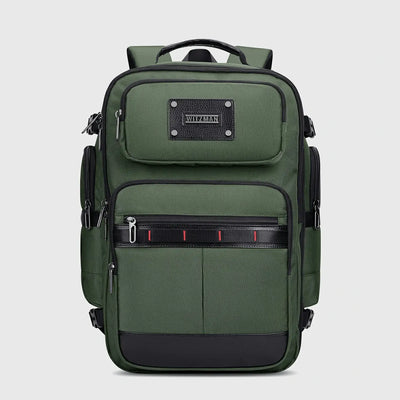 Front view of army green carry on backpack with structured shape and multiple travel pockets