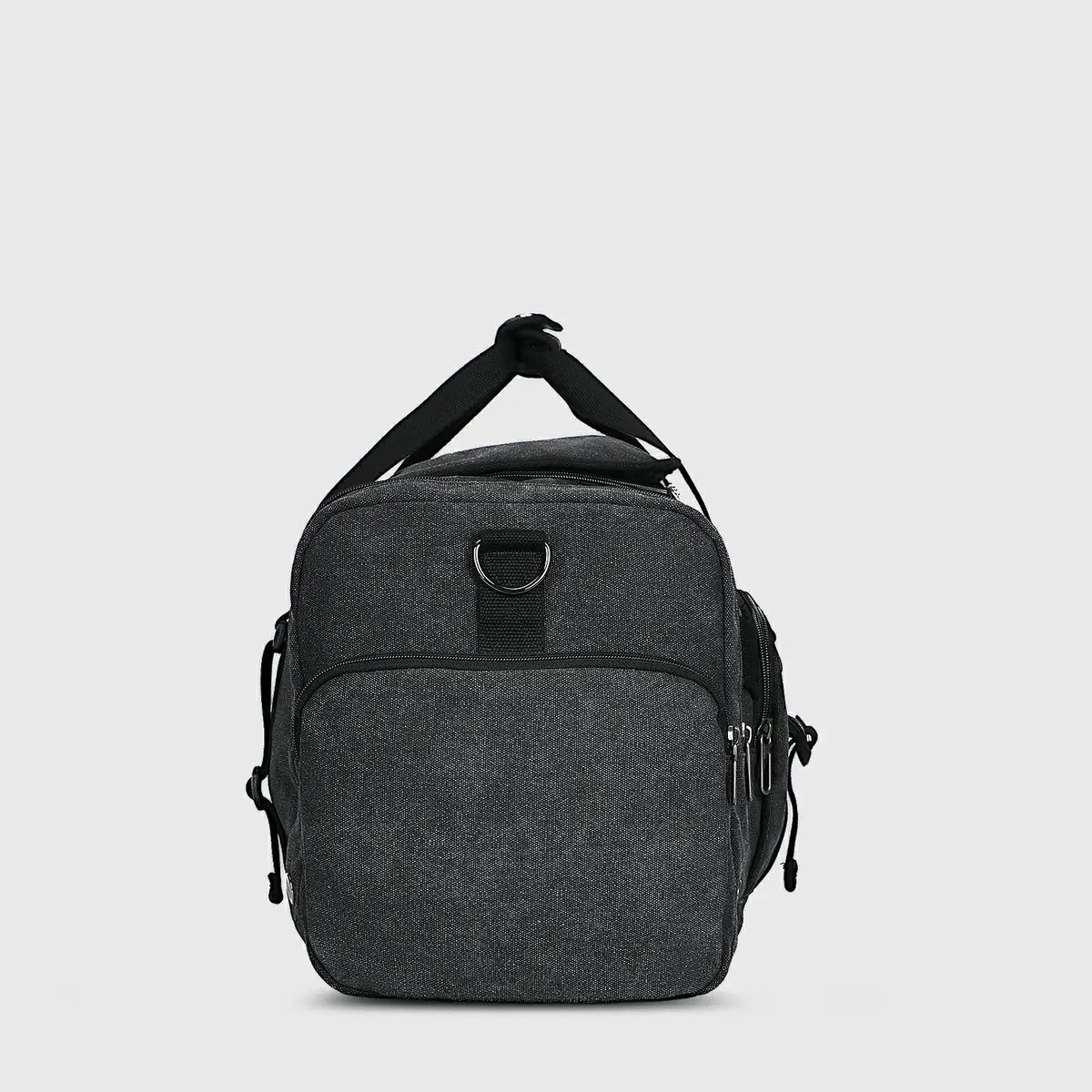 Black canvas travel duffel bag with shoe compartment wet dry pocket and luggage sleeve