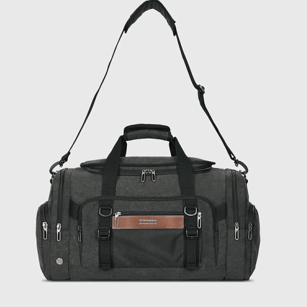 Large canvas duffel bag for men with side shoe storage and multiple exterior zipper pockets