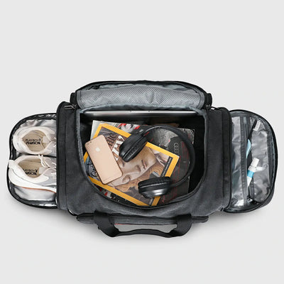 Weekender bag with shoe compartment and wet dry organization for gym and travel