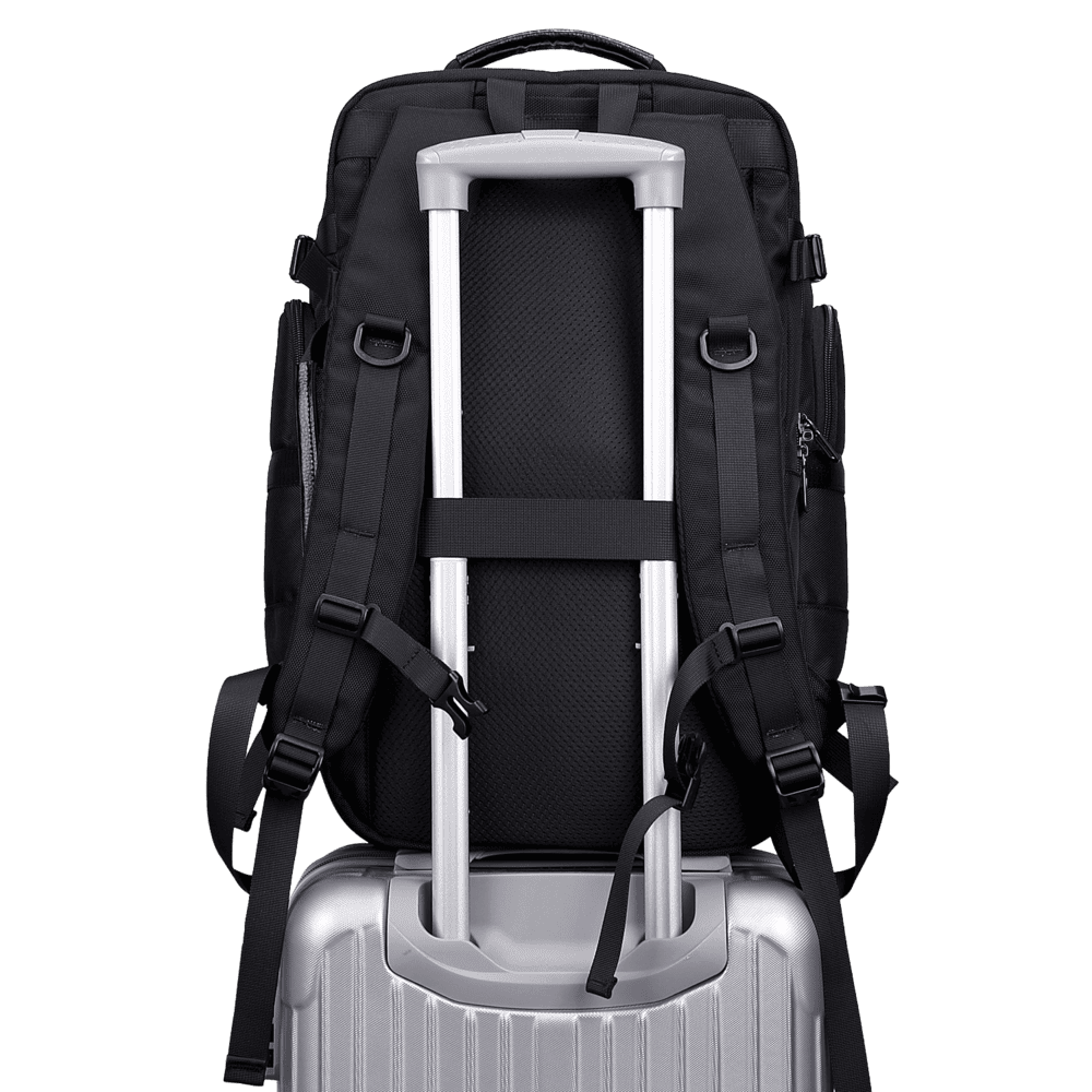 Front view of the WITZMAN B737 travel backpack showing its structured organization