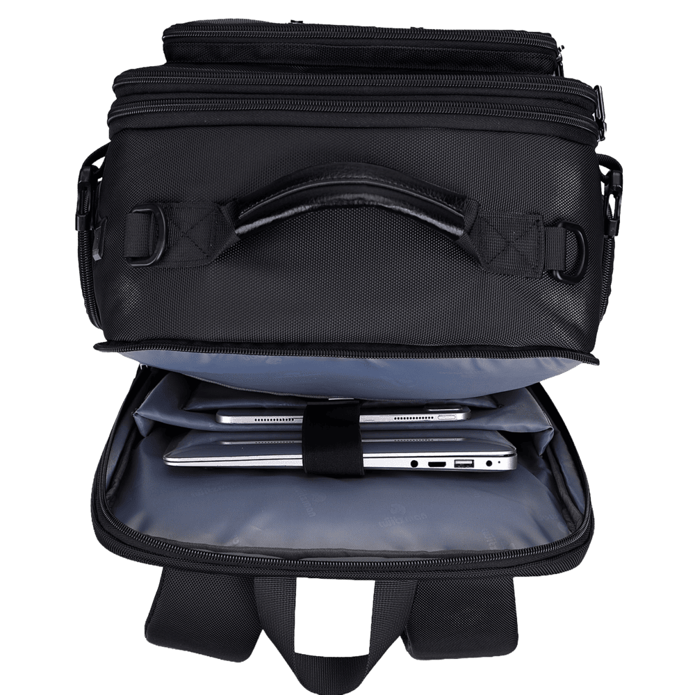 Back view of the WITZMAN B737 with padded carry system and protected tech storage