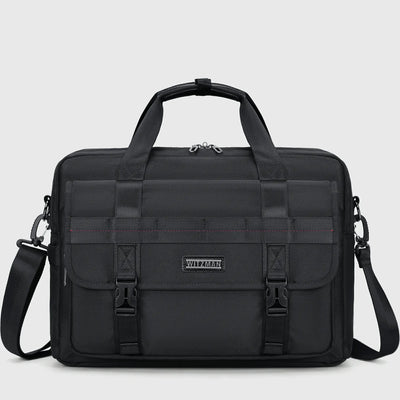 WITZMAN B769 black 28L laptop briefcase for men with buckle flap, nylon exterior, top handles and adjustable shoulder strap.