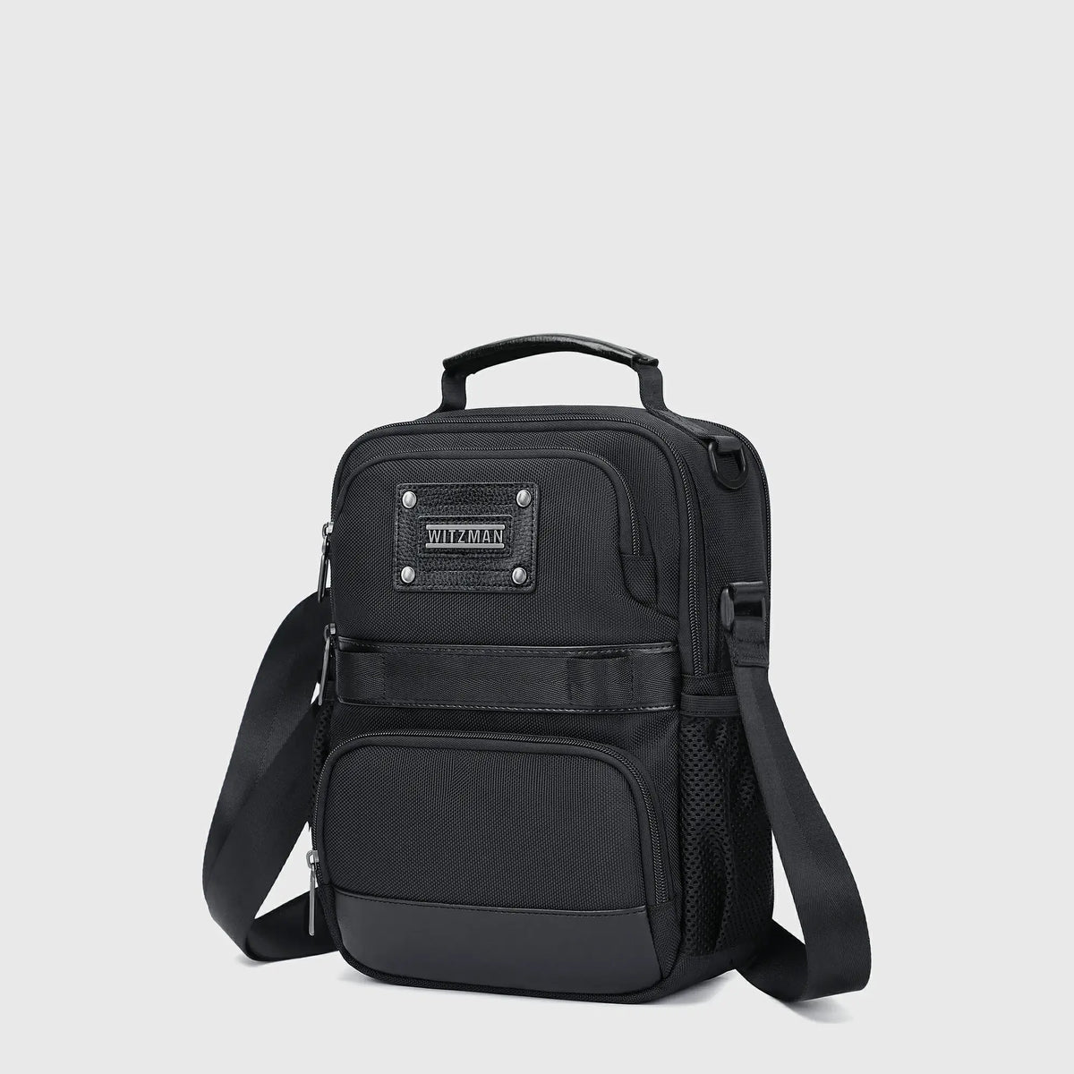 10L black nylon crossbody bag for men with 11-inch iPad pocket and organized storage