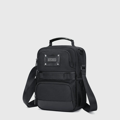10L black nylon crossbody bag for men with 11-inch iPad pocket and organized storage
