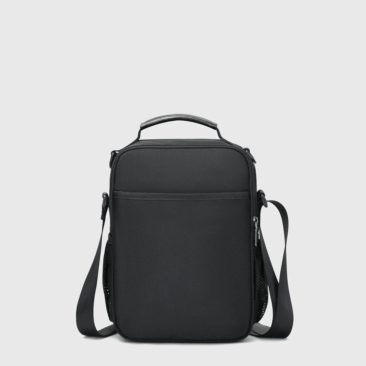 Compact travel crossbody bag for men with iPad compartment side mesh pockets and front organizers
