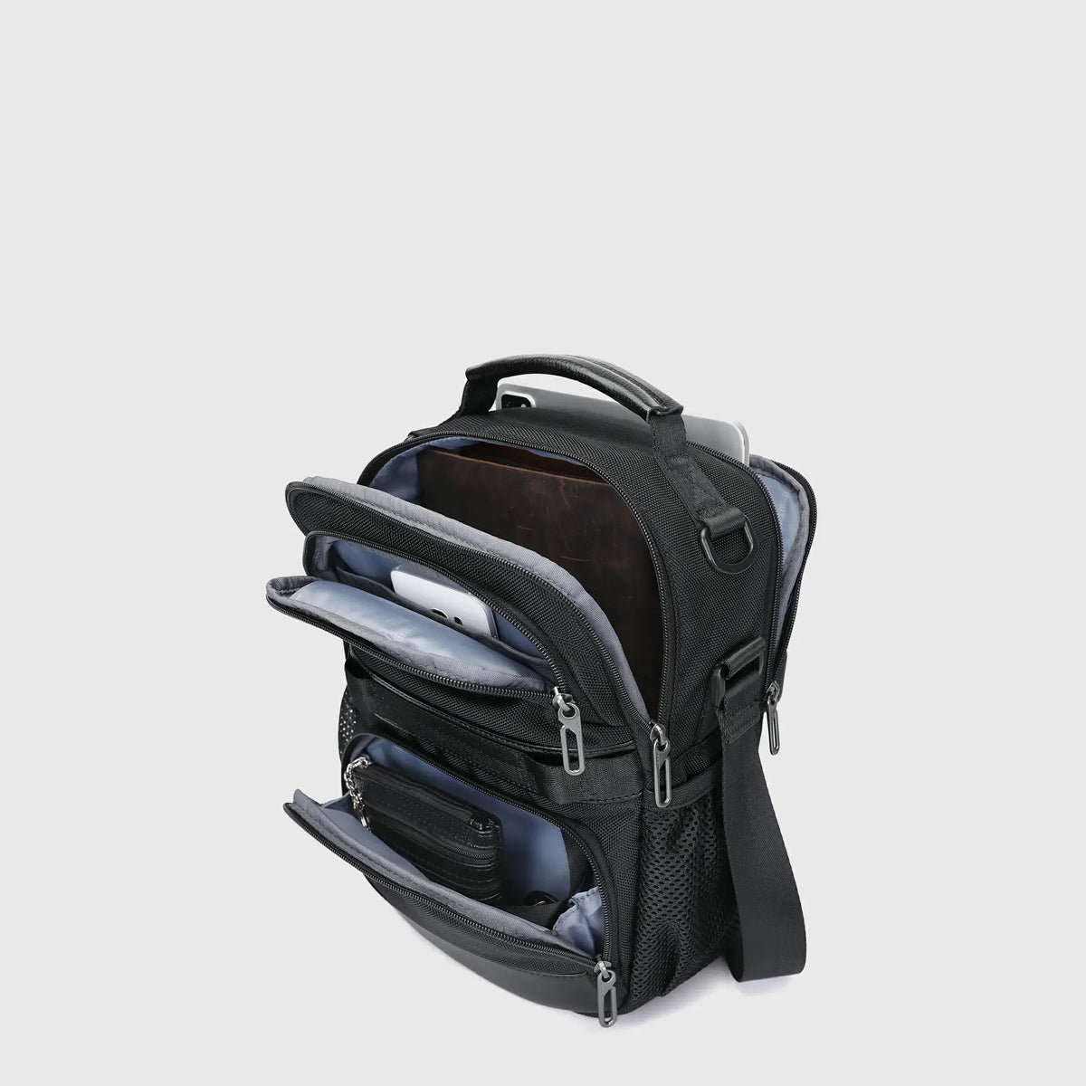 Black crossbody messenger bag for men with adjustable strap and multi-pocket daily organization