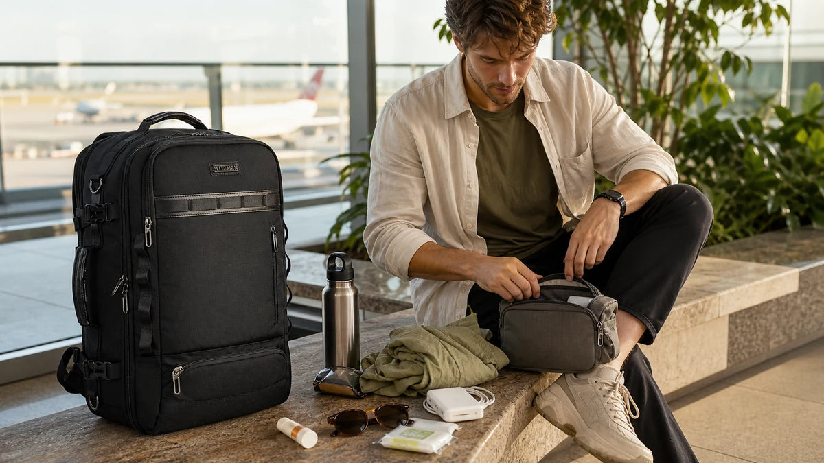 Relaxed airport delay packing scene with WITZMAN B746 travel backpack