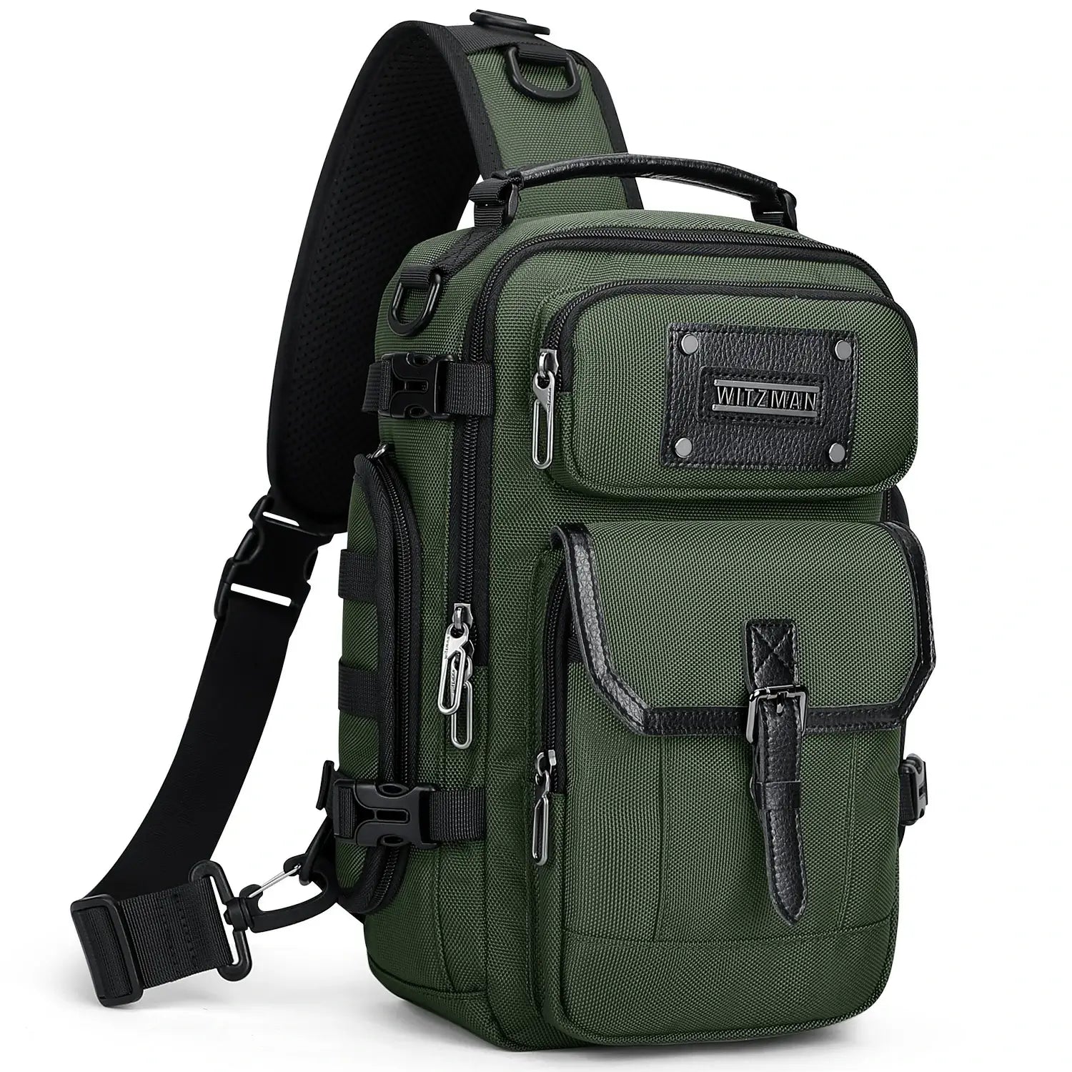 Men’s nylon sling bag with multi-pocket design green bag