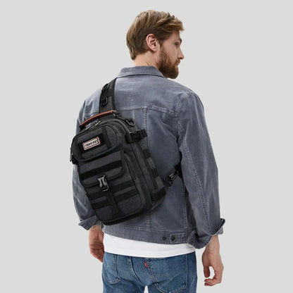 Casual men’s canvas sling bag with tactical webbing, padded iPad sleeve, and anti-theft pocket. Ideal for daily carry, travel, and city commuting.-black bag a8021 witzman