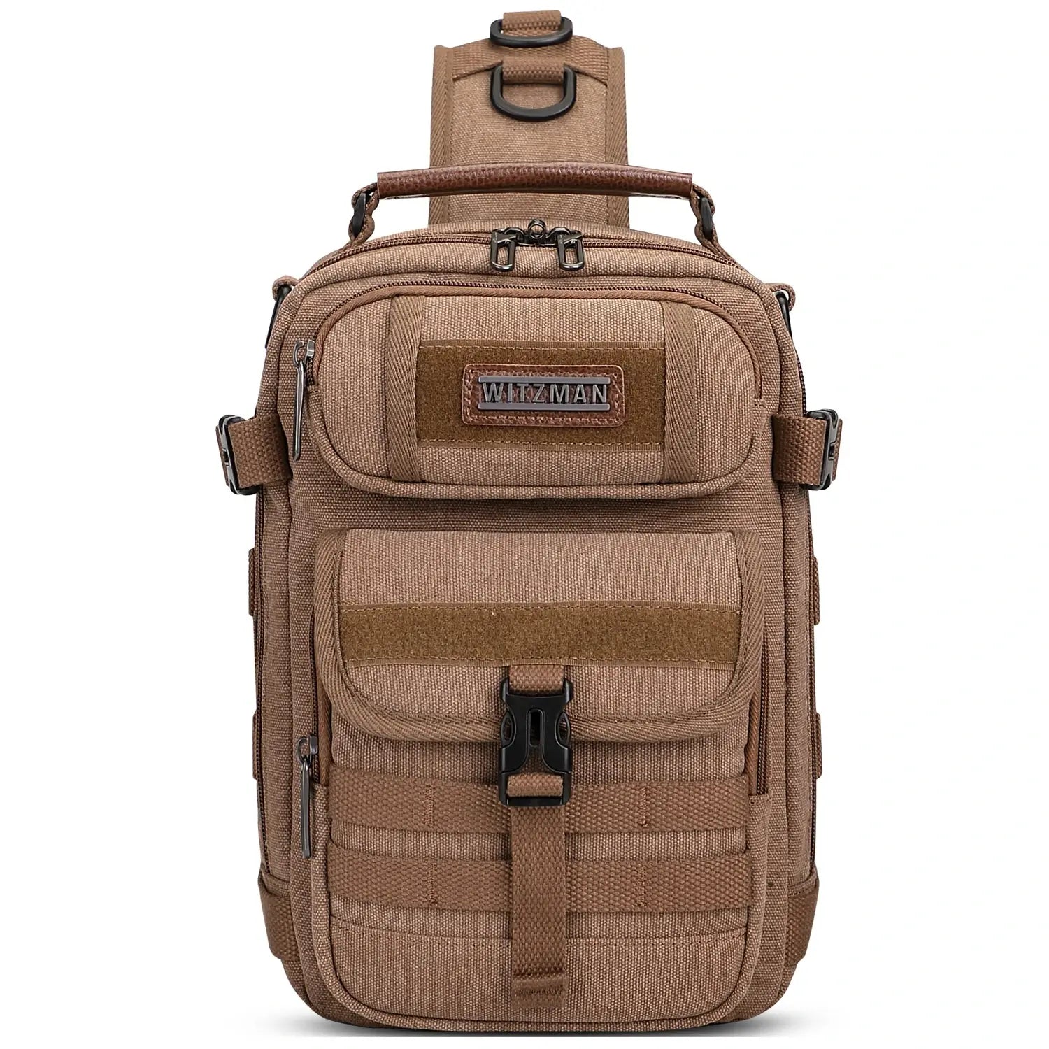 Casual men’s canvas sling bag with tactical webbing, padded iPad sleeve, and anti-theft pocket. Ideal for daily carry, travel, and city commuting.-brown a8021 witzman