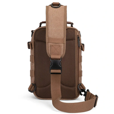 Casual men’s canvas sling bag with tactical webbing, padded iPad sleeve, and anti-theft pocket. Ideal for daily carry, travel, and city commuting.-brown a8021 witzman