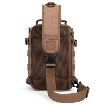 Casual men’s canvas sling bag with tactical webbing, padded iPad sleeve, and anti-theft pocket. Ideal for daily carry, travel, and city commuting.-brown a8021 witzman
