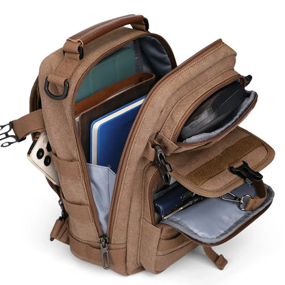 Casual men’s canvas sling bag with tactical webbing, padded iPad sleeve, and anti-theft pocket. Ideal for daily carry, travel, and city commuting.-brown a8021 witzman