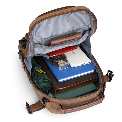 Casual men’s canvas sling bag with tactical webbing, padded iPad sleeve, and anti-theft pocket. Ideal for daily carry, travel, and city commuting.-brown a8021 witzman