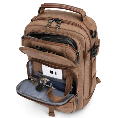 Casual men’s canvas sling bag with tactical webbing, padded iPad sleeve, and anti-theft pocket. Ideal for daily carry, travel, and city commuting.-brown a8021 witzman