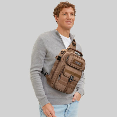 Casual men’s canvas sling bag with tactical webbing, padded iPad sleeve, and anti-theft pocket. Ideal for daily carry, travel, and city commuting.-brown a8021 witzman