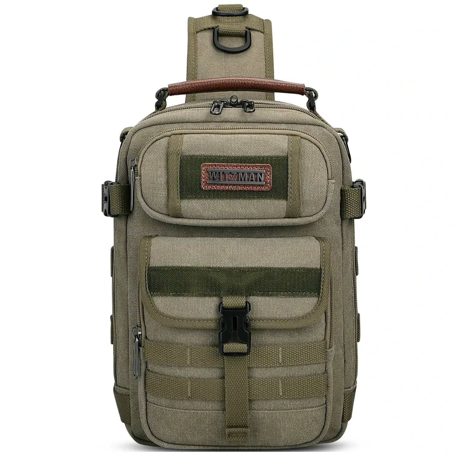 Casual men’s canvas sling bag with tactical webbing, padded iPad sleeve, and anti-theft pocket. Ideal for daily carry, travel, and city commuting.-green bag a8021 witzman