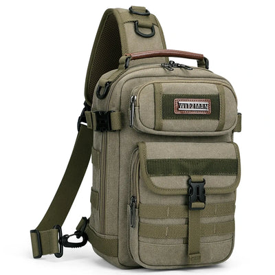 Casual men’s canvas sling bag with tactical webbing, padded iPad sleeve, and anti-theft pocket. Ideal for daily carry, travel, and city commuting.-green bag a8021 witzman