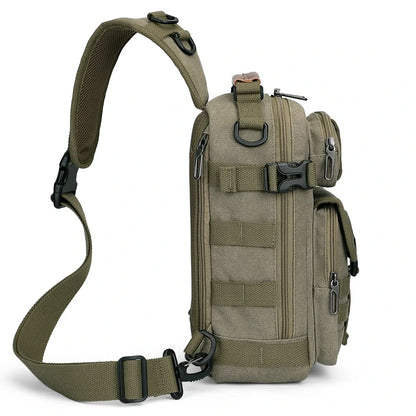 Casual men’s canvas sling bag with tactical webbing, padded iPad sleeve, and anti-theft pocket. Ideal for daily carry, travel, and city commuting.-green bag a8021 witzman