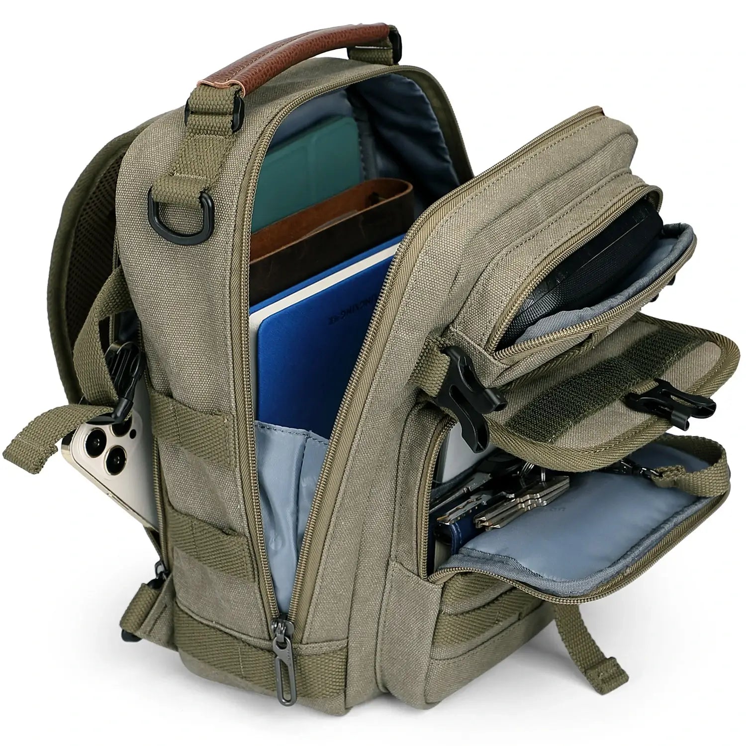 Casual men’s canvas sling bag with tactical webbing, padded iPad sleeve, and anti-theft pocket. Ideal for daily carry, travel, and city commuting.-green bag a8021 witzman