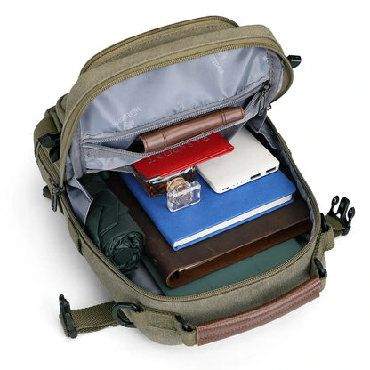 Casual men’s canvas sling bag with tactical webbing, padded iPad sleeve, and anti-theft pocket. Ideal for daily carry, travel, and city commuting.-green bag a8021 witzman