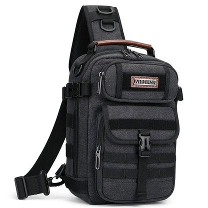 Casual men’s canvas sling bag with tactical webbing, padded iPad sleeve, and anti-theft pocket. Ideal for daily carry, travel, and city commuting.-black bag a8021 witzman
