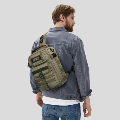 Casual men’s canvas sling bag with tactical webbing, padded iPad sleeve, and anti-theft pocket. Ideal for daily carry, travel, and city commuting.-green bag a8021 witzman