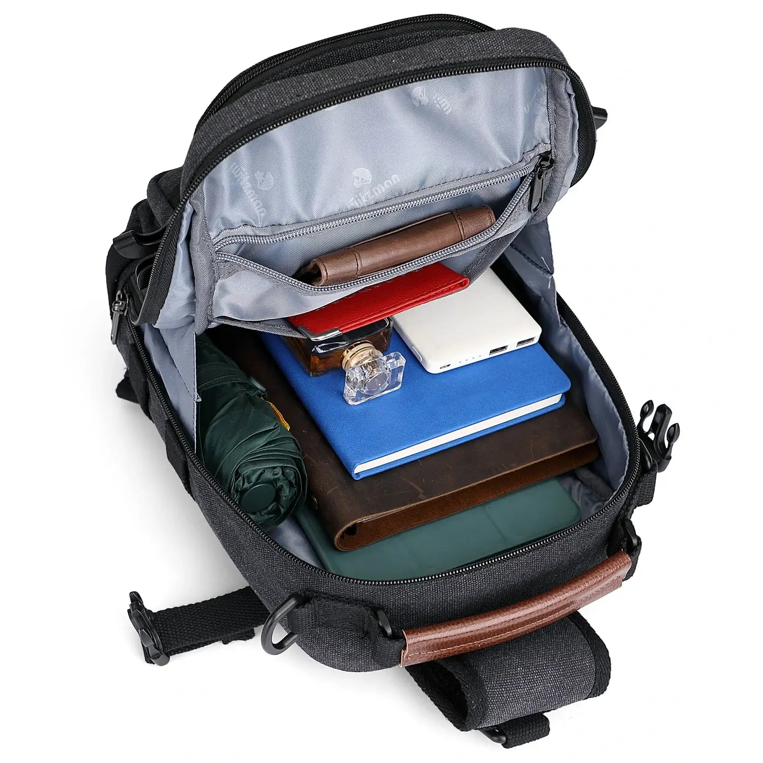 Casual men’s canvas sling bag with tactical webbing, padded iPad sleeve, and anti-theft pocket. Ideal for daily carry, travel, and city commuting.-black bag a8021 witzman