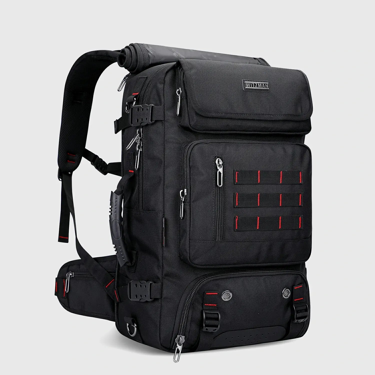 Black multifunctional travel backpack for men shown from the front three-quarter angle