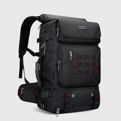 Black multifunctional travel backpack for men shown from the front three-quarter angle