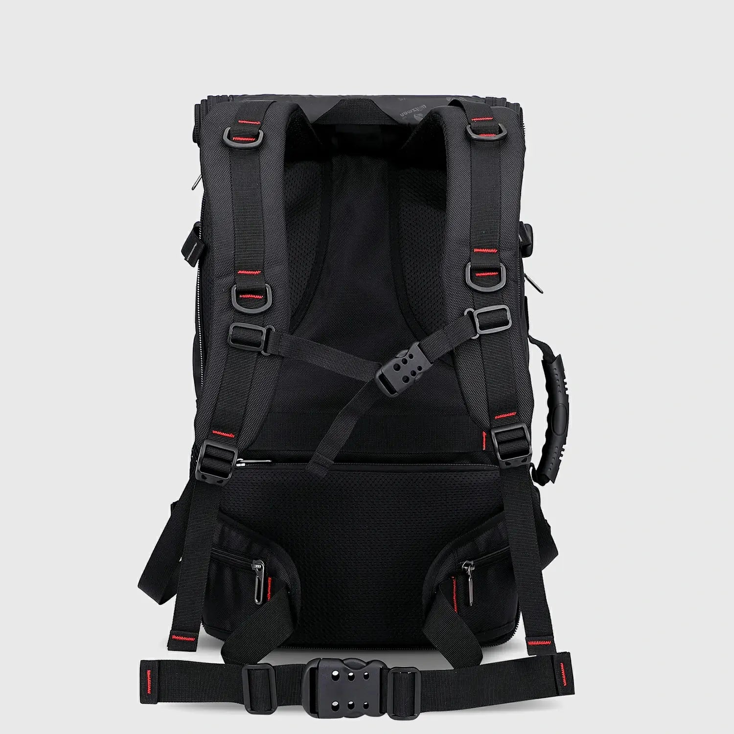 Back view of black travel backpack with padded shoulder straps, chest strap and waist belt