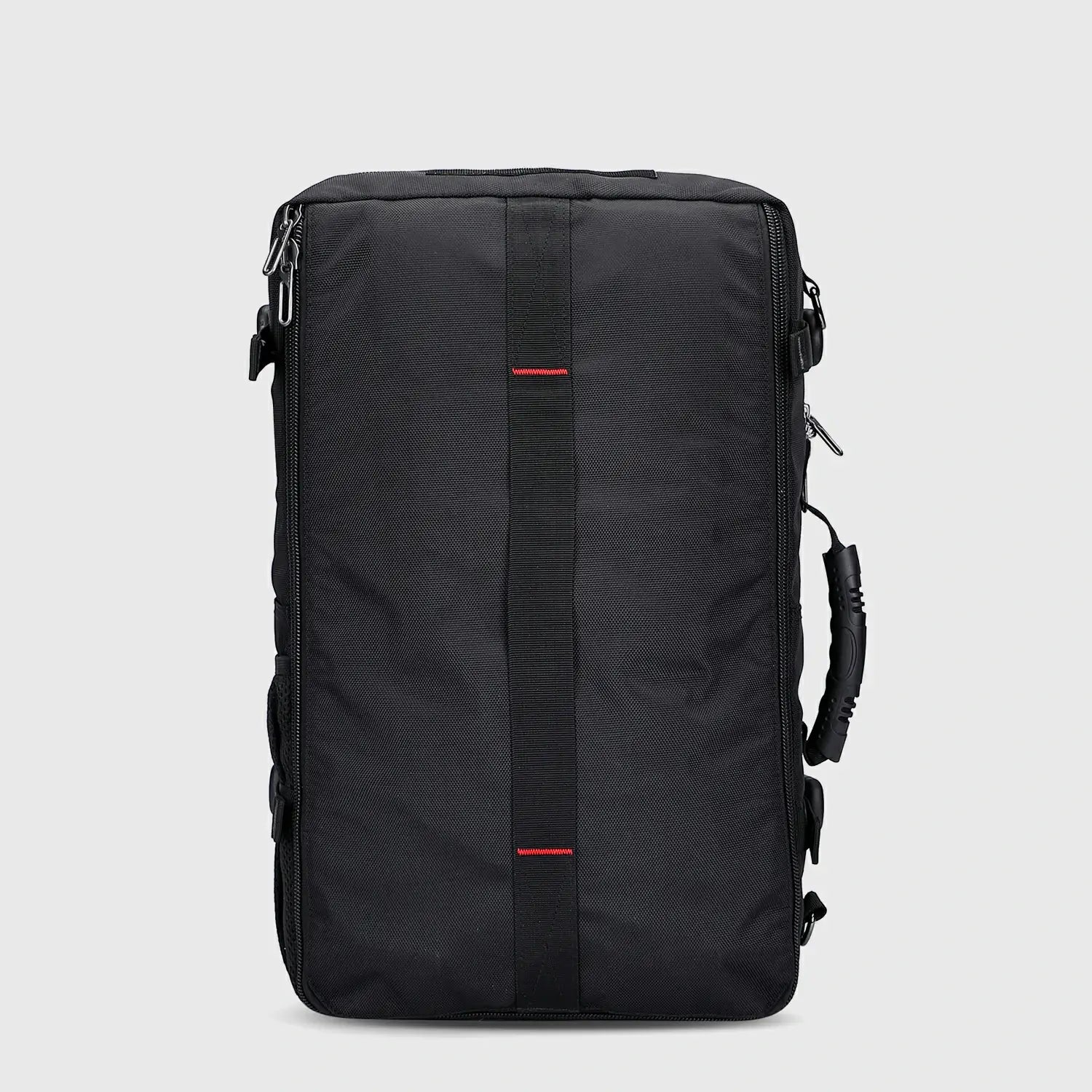 Side profile of black 40L carry on travel backpack with structured multi-compartment design