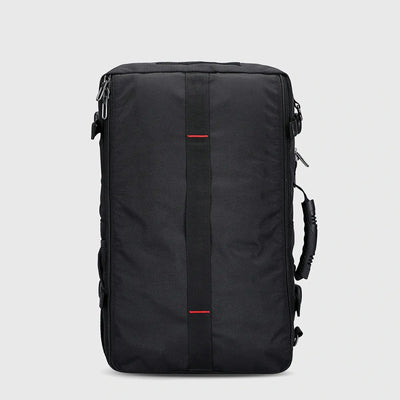 Side profile of black 40L carry on travel backpack with structured multi-compartment design