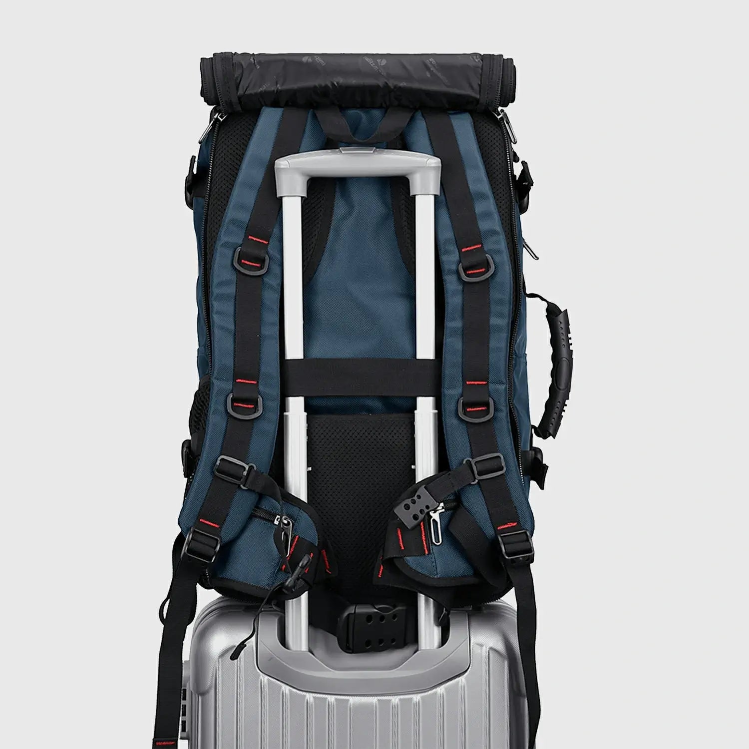 Blue 3 in 1 travel backpack with hideaway shoulder straps for convertible carry