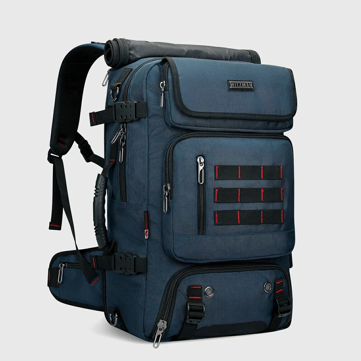 Blue multifunctional travel backpack for men shown from the front three-quarter angle