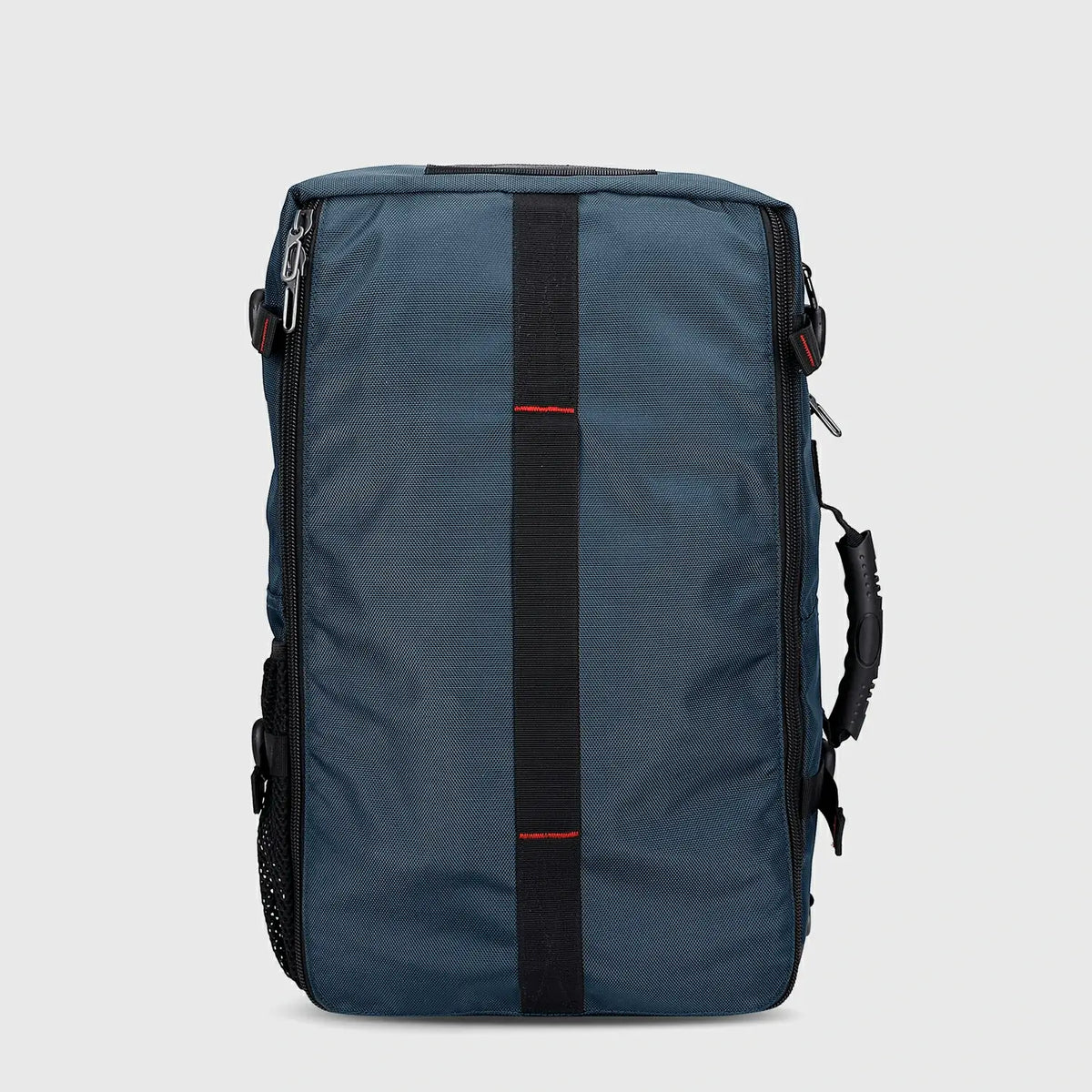 Side profile of blue 40L carry on travel backpack with structured multi-pocket design