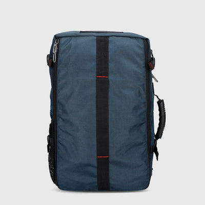 Side profile of blue 40L carry on travel backpack with structured multi-pocket design