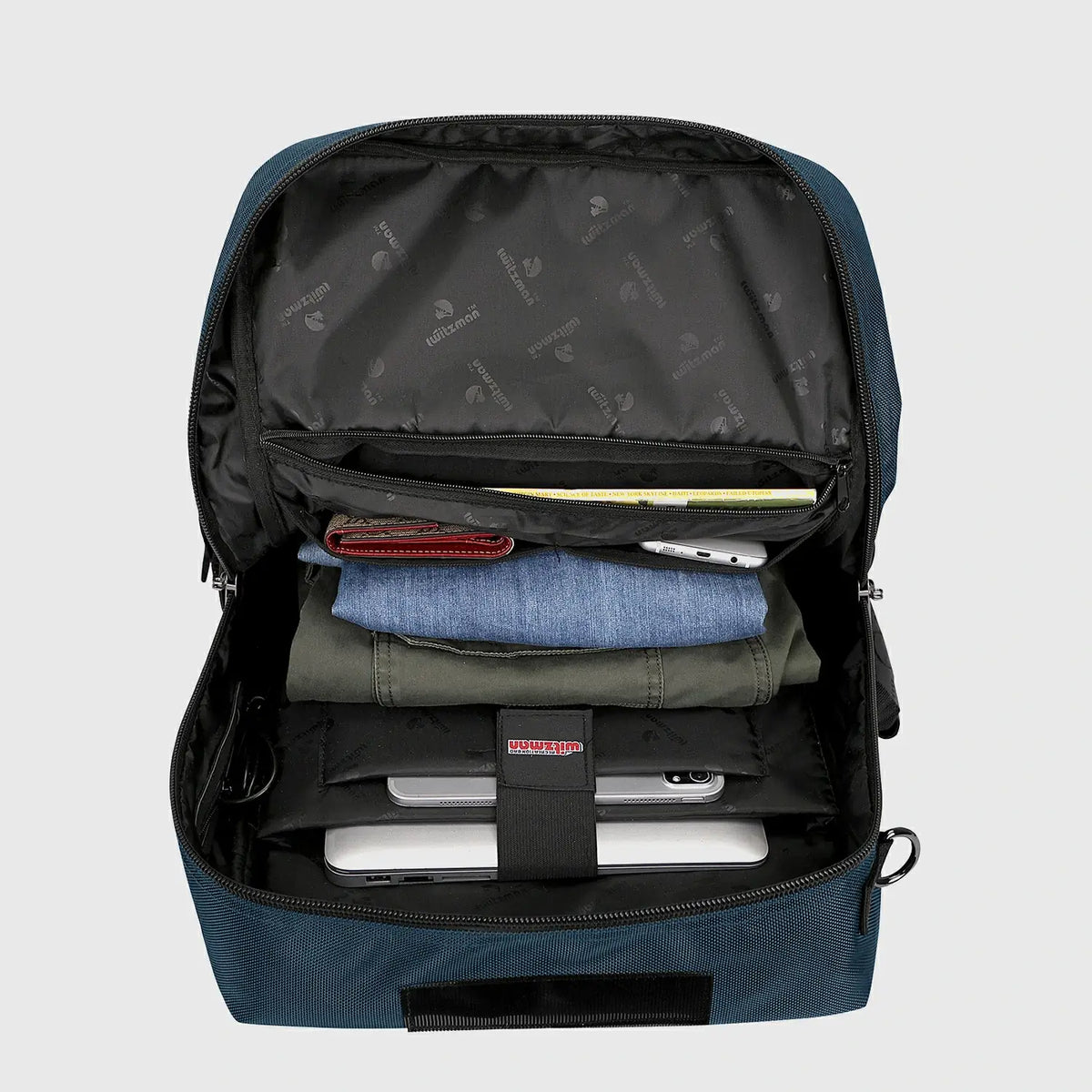 Blue nylon carry on backpack with spacious main compartment for organized travel packing