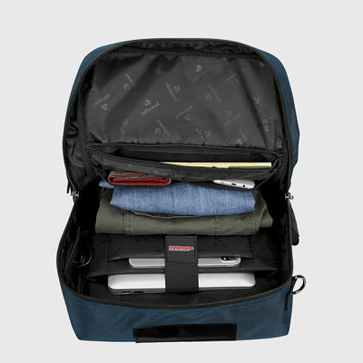 Blue nylon carry on backpack with spacious main compartment for organized travel packing