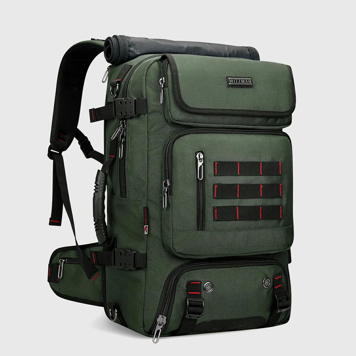 Army green multifunctional travel backpack shown from the front three-quarter angle