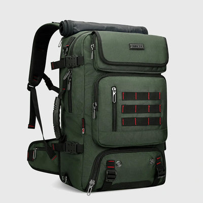 Army green multifunctional travel backpack shown from the front three-quarter angle