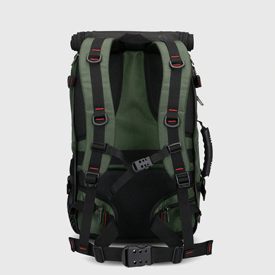 Back view of army green travel backpack with padded straps, chest belt and waist support