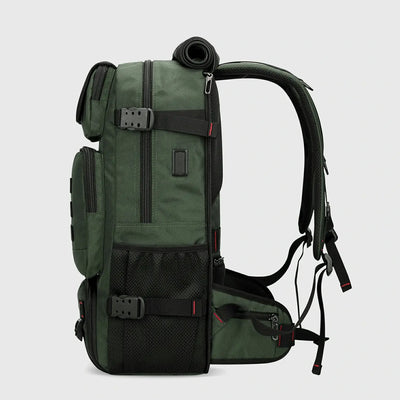 Side view of army green nylon travel backpack with USB port and compression straps