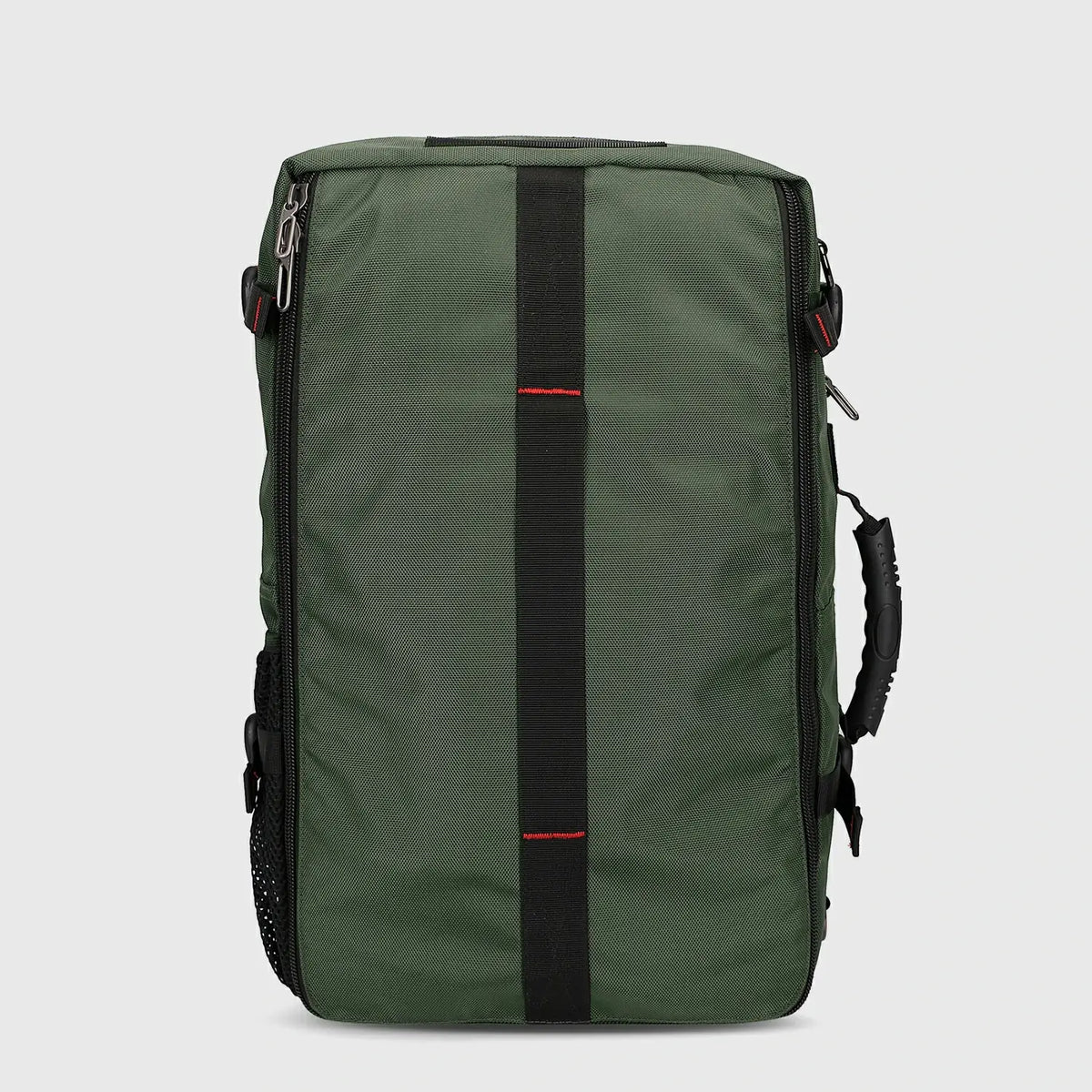 Side profile of army green carry on backpack with structured multi-pocket storage