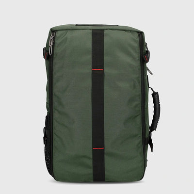 Side profile of army green carry on backpack with structured multi-pocket storage