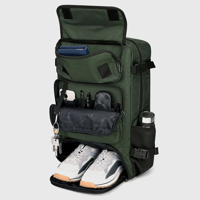 Army green travel backpack with separate shoe compartment and organizer pockets open