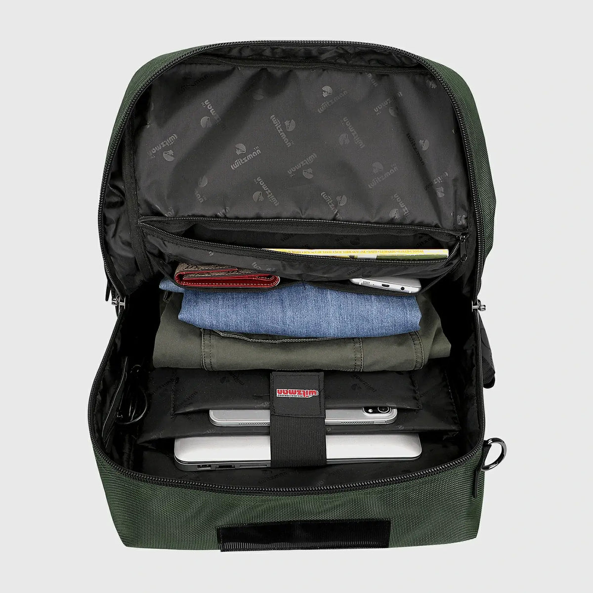 Army green 40L carry on backpack with spacious main compartment for travel essentials